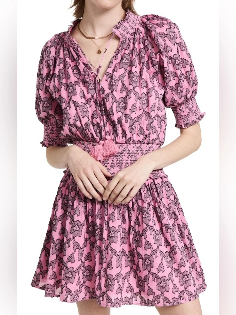 Anthropologie Roller Rabbit Smocked Waist Pink Floral Mini Dress